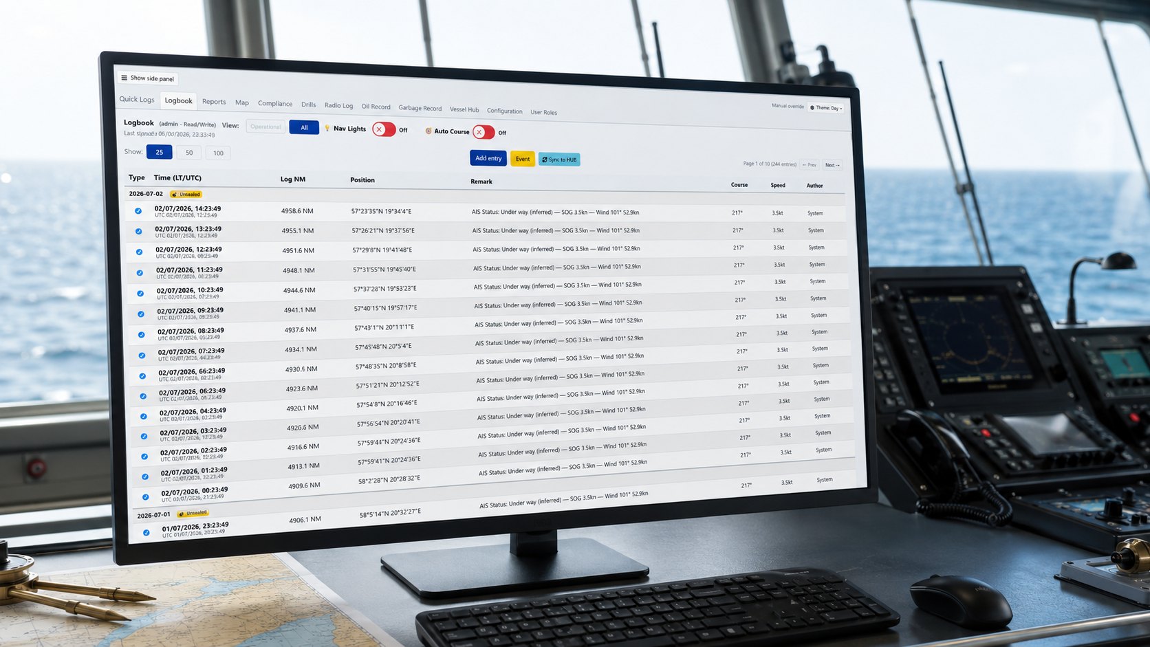 Digibook logbook view on a vessel bridge monitor